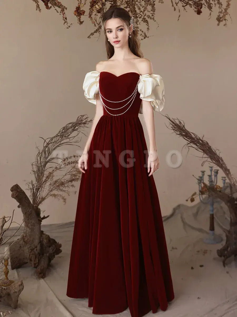 Wholesale A-Line Sweetheart Neck Velvet Burgundy Long Prom Dress Burgundy Evening Dress gowns evening dresses